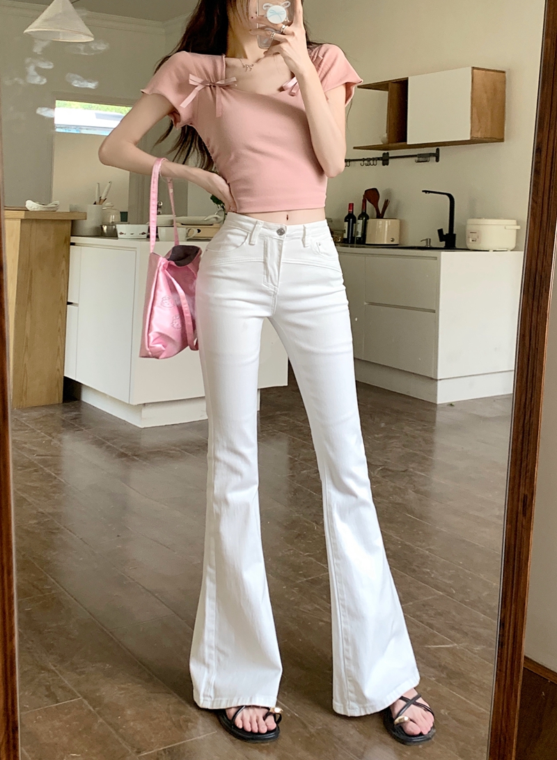 實拍#新款彈力微喇叭牛仔長褲女白色設計感闊腳拖地褲子
