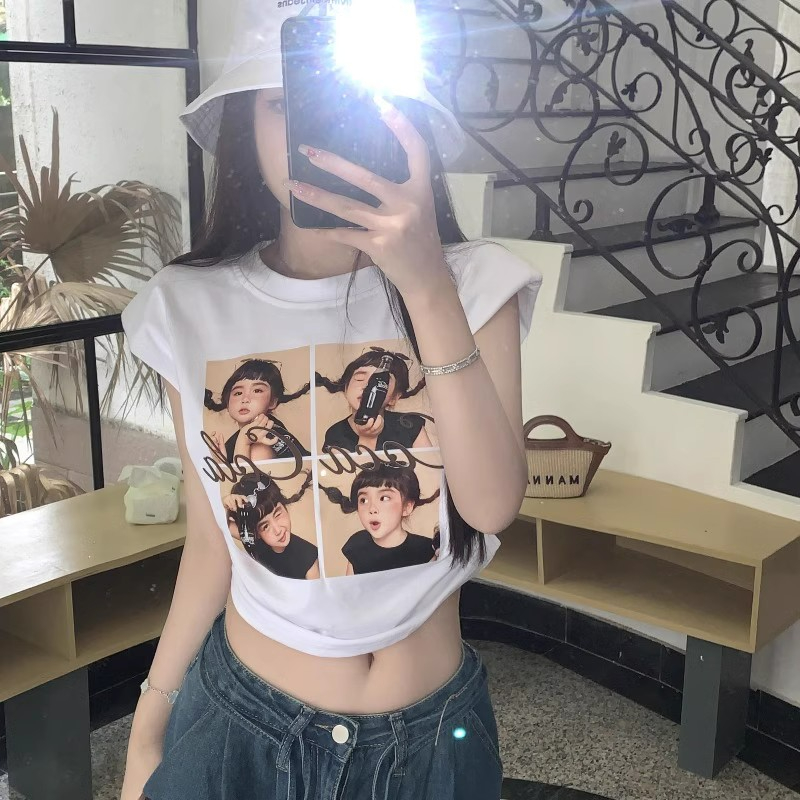 40 pieces of cotton ribbing 92 cotton 8 spandex retro print t-shirt women shoulder pad loose backless top