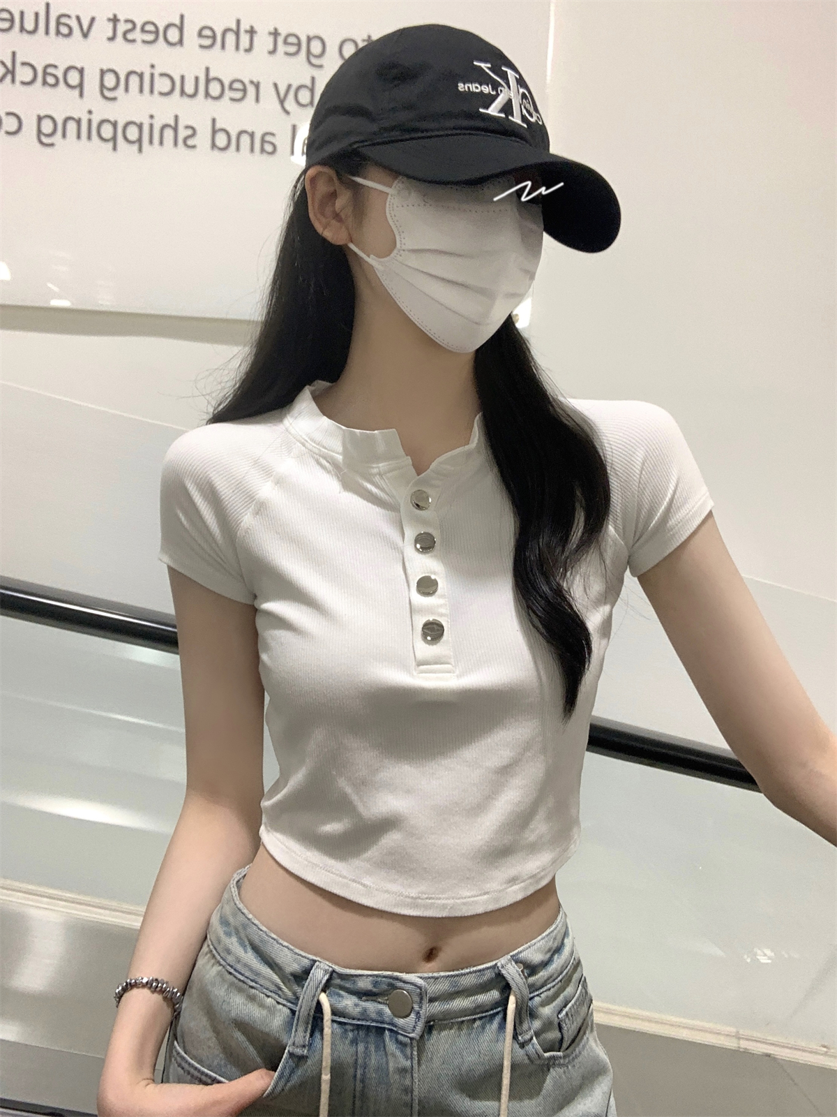 實拍 夏季韓版插肩金屬扣設計感短款氣質百搭純棉短袖T恤上衣