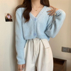 2024 Autumn/Winter Sexy New Korean Short V-Neck Loose Long-Sleeve Knit Cardigan Short-Sleeve Women's Sweater