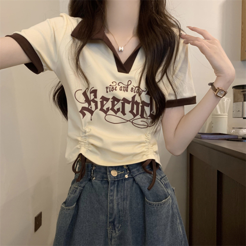 实拍 新版韩风设计感撞色polo衫印花绑带短袖T恤