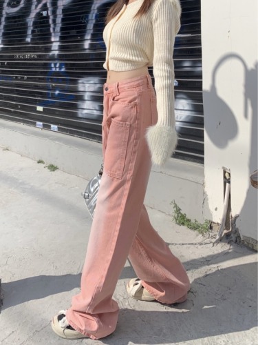 Real shot!  !  Retro pink jeans washed and distressed loose straight wide-leg casual stacked trousers