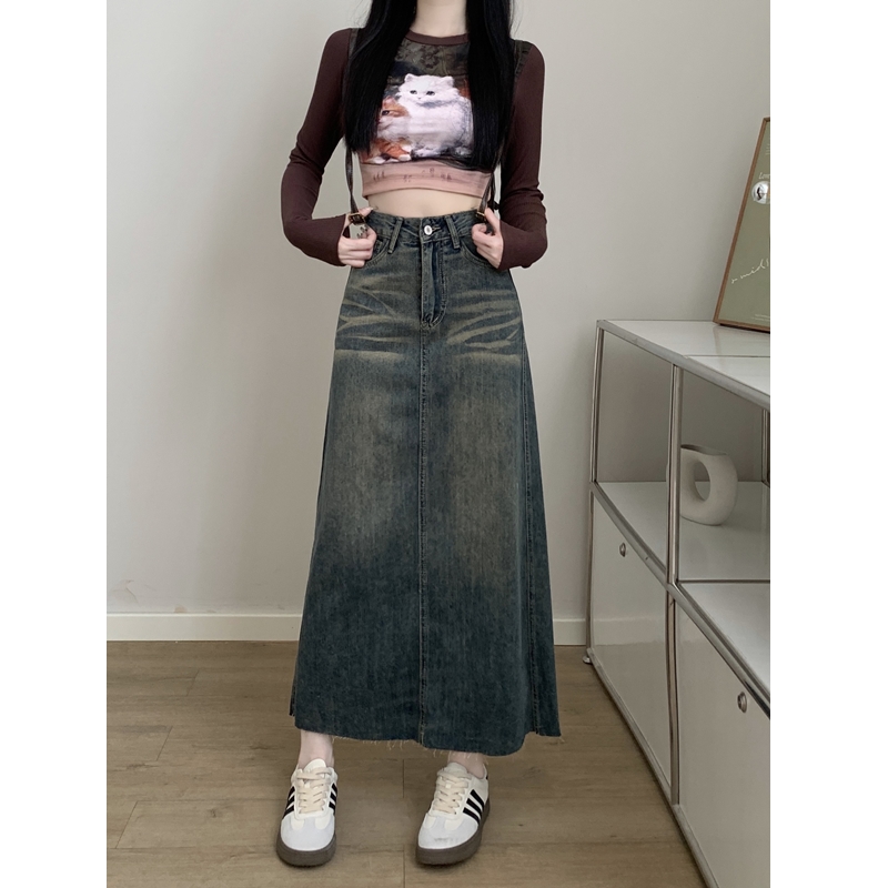Real shot#Large size fat sister retro denim skirt for women spring and autumn mid-length high-waisted A-line hip skirt trendy