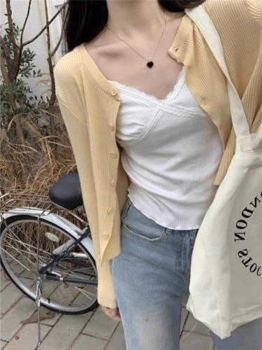 WX 纯色圆领针织开衫女春季韩版慵懒风宽松休闲短款上衣