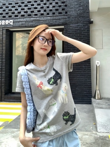 200g combed compact offspun pure cotton back strip Spring and summer loose right shoulder printed short-sleeved T-shirt