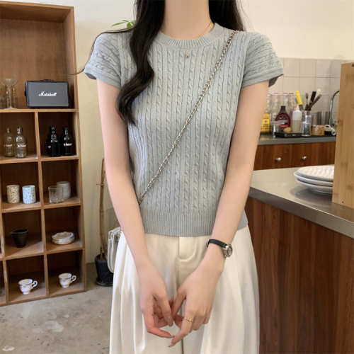 实拍 夏季韩版修身麻花设计感纯色天丝针织短袖上衣女