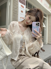 Photographed Summer Korean Style Sweet Lace Edge Lattice Strap Blouse Sun Protection Long Sleeve T-Shirt Top for Layering