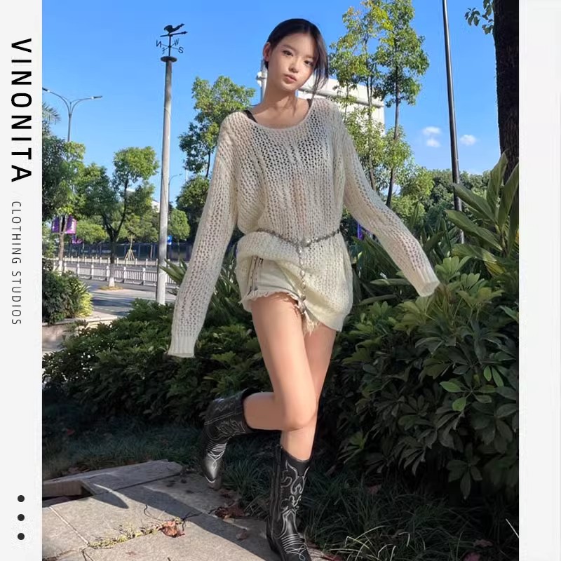 vinonita設計感小眾寬鬆薄款鏤空針織衫上衣女慵懶風獨特别致毛衣