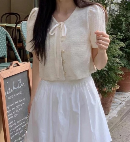 韩国chic小香风圆领单排扣系带宽松短袖外套女