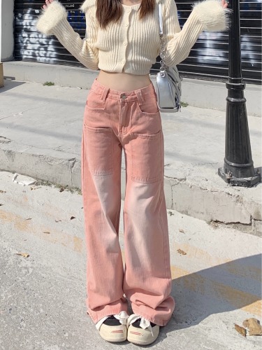 Real shot!  !  Retro pink jeans washed and distressed loose straight wide-leg casual stacked trousers