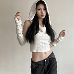 官圖 廢土風甜辣妹短款袖套上衣女春夏破洞背心連帽打底衫T恤