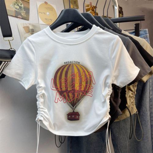 实拍 夏季新款甜辣妹气球图案短款显瘦短袖T恤女装