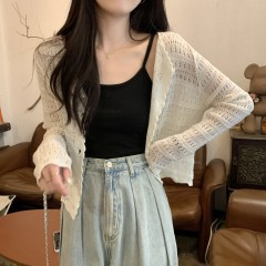 Photographed Summer Korean-style loose lace-up design knit long-sleeved sun protective cardigan women's top for layering