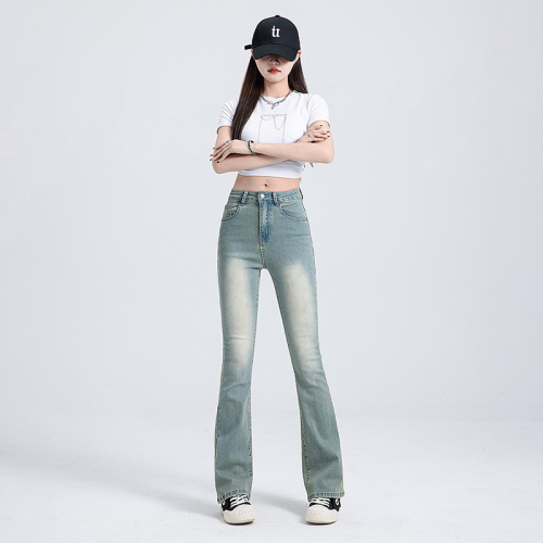 Light yellow mud-dyed elastic micro-flare jeans for women in spring, high-waisted, large size, fat mm, slimming, pear-shaped body long pants