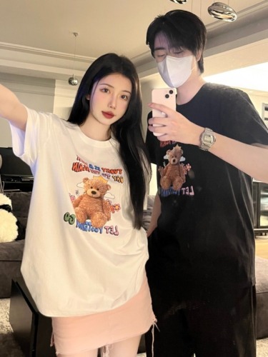 Real shot of cute bear print couple best friend style slim simple versatile long and short T-shirt for women summer