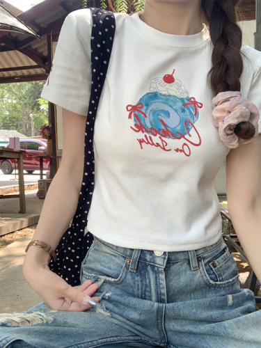 Actual shot of cherry cake~Korean chic summer simple short printed T-shirt top