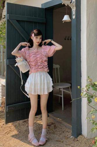 实拍 粉色短袖女衬衫夏季小衫短款洋气性感一字肩上衣高级感