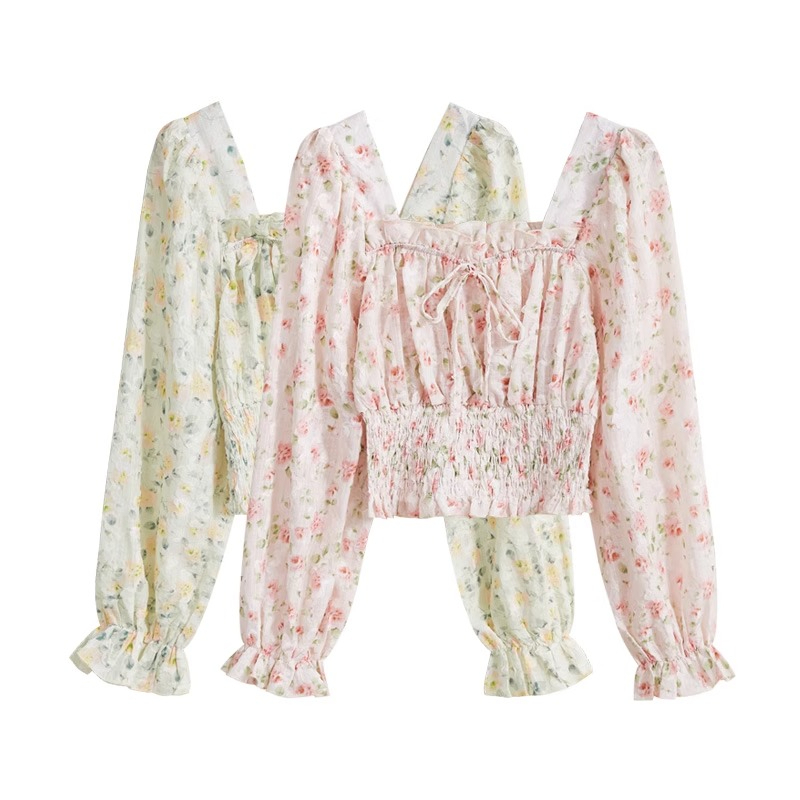 Floral Shirt for Women 2024 Spring Short-Sleeve, RARE French Square Collar, Bubble Sleeve, High-End Women's Blouse