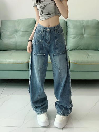 American oldschool wide-leg pants with multiple pockets and raw edge design jeans for women, versatile ins trend