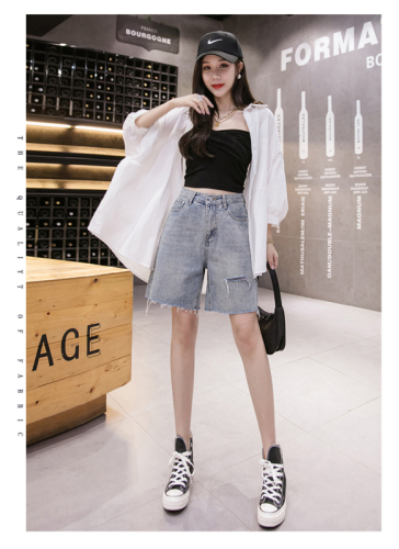 Denim shorts for women in summer, high-waisted, loose, Hong Kong style, straight-leg, wide-leg mid-length pants