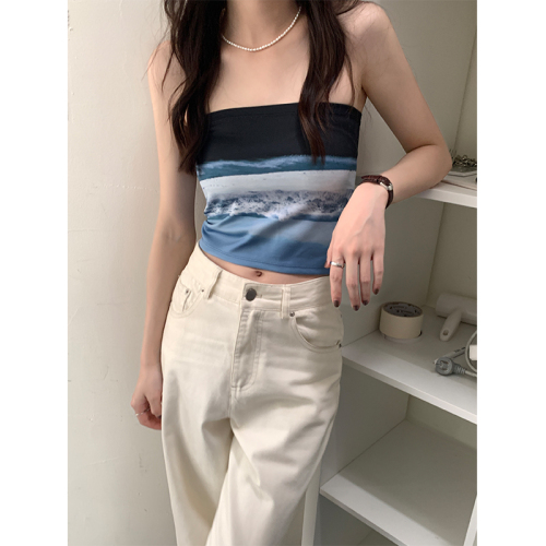 Real shot of hot girl sunset sea print elastic short one piece tube top 2024 spring and summer new style
