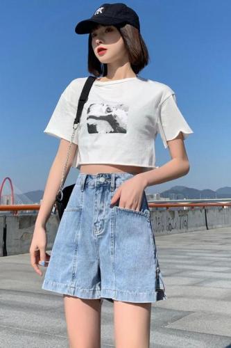 Real shot of fat mm high-waisted Li Xiaosha zipper denim shorts for women summer large size loose slimming leg-lengthening hot pants