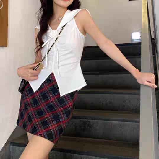 韓版時尚新款修身 海軍領削肩褶皺背心女無袖收腰上衣ins潮超會