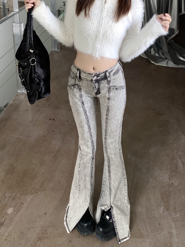 Real shot!  American jeans female niche hot girl slim fit washed gray slit bell bottoms ins