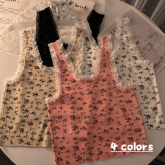 Real shot of lace floral camisole women's summer sweet and spicy style slim short knitted inner bottoming top