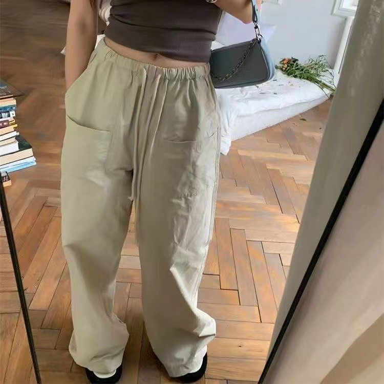 大碼胖MM小眾高腰百搭闊腿褲潮豆綠色美式辣妹工裝休閒通勤長褲