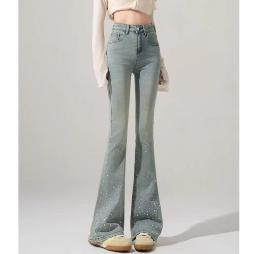 High-waisted micro-flare jeans for women, spring heavy-duty diamond horse-shoe pants for hot girls and small people, trendy hot-drilled pants