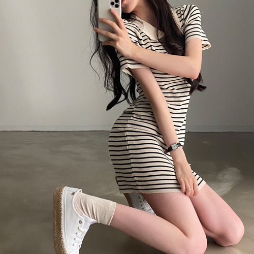 韩国chic收腰显瘦设计感小众夏季T恤裙小个子条纹POLO连衣裙