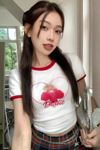 Real shot of new summer pure lust style American style contrasting retro printed T-shirt versatile short slim top for women