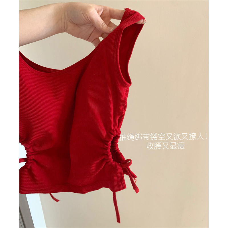 40支92棉8氨綸 螺紋彈力不可拆卸胸墊紅色背心女