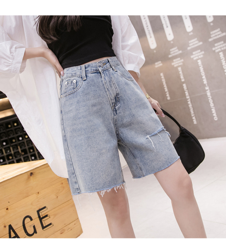 Denim shorts for women in summer, high-waisted, loose, Hong Kong style, straight-leg, wide-leg mid-length pants