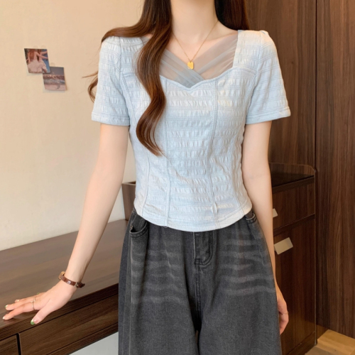 Official photo, short-sleeved T-shirt for women, summer slimming, right-shoulder, herringbone square-neck design, lace mesh splicing top