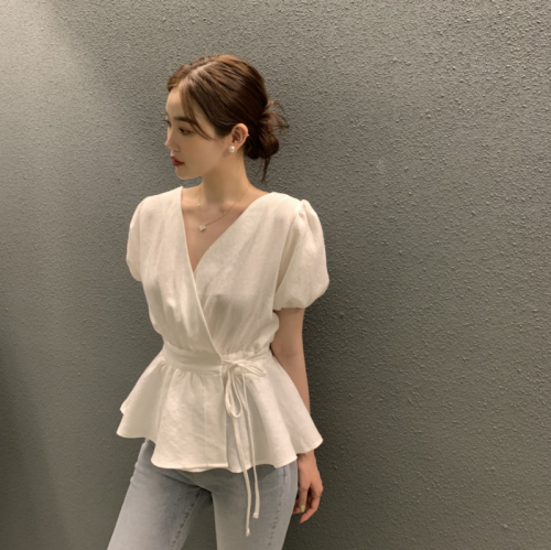 Size update Korean ins summer temperament gentle waist strap short-sleeved shirt