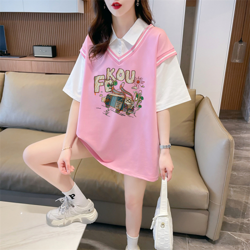 First real shot of twill pull-up fake two-piece short-sleeved T-shirt for women summer new loose top trendy brand quality