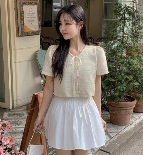 韩国chic小香风圆领单排扣系带宽松短袖外套女