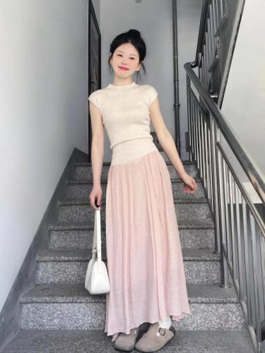 Tea style high-waist A-line skirt for small women new summer gentle pink suit