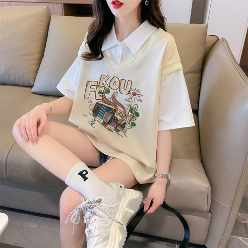 First real shot of twill pull-up fake two-piece short-sleeved T-shirt for women summer new loose top trendy brand quality