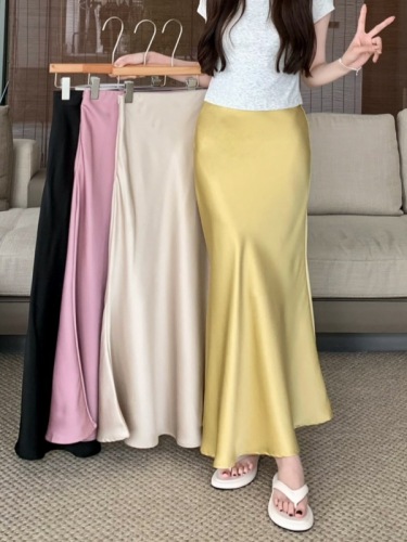 Actual shot of drapey fishtail skirt for women in summer mid-length high-waisted skirt slimming and slimming a-line long skirt