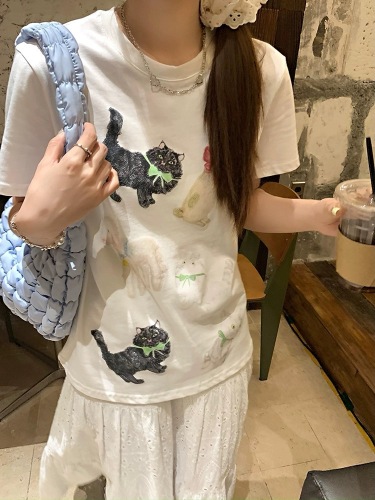 200g combed compact offspun pure cotton back strip Spring and summer loose right shoulder printed short-sleeved T-shirt