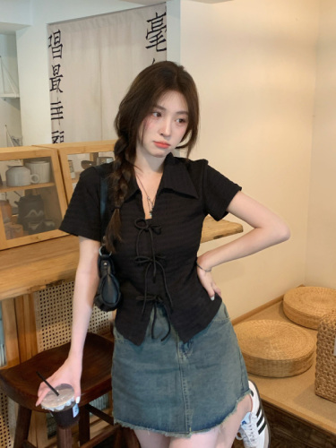 Real shot and real price summer Chinese style V-neck butterfly rope short sweet and spicy temperament versatile waist-showing short-sleeved T-shirt top