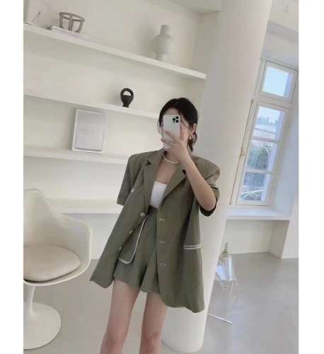 韩国时尚西装短裤亚麻夏季休闲薄款显瘦短袖外套两件套装