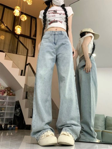 European spring new style crystal hot diamond sparkling straight jeans floor-length pants with long legs for fashionable women