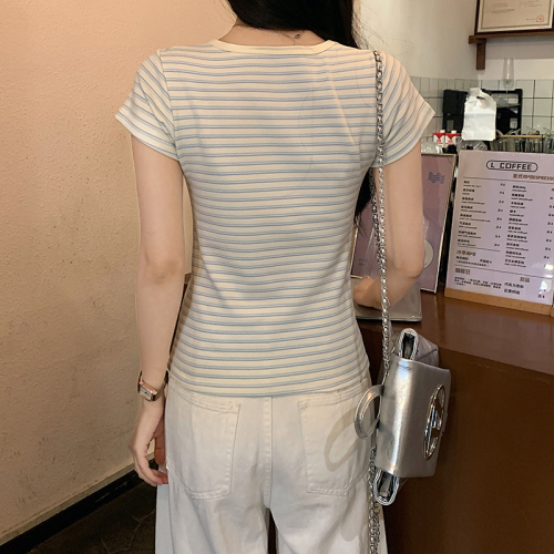 实拍#短袖t恤夏2024潮美式条纹修身短款圆领上衣女装