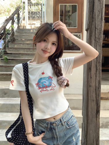 Actual shot of cherry cake~Korean chic summer simple short printed T-shirt top