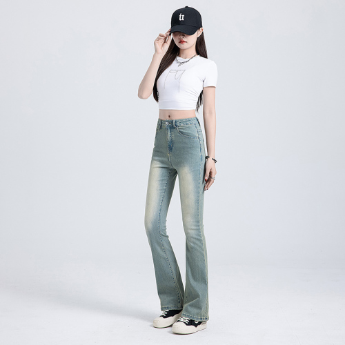 Light yellow mud-dyed elastic micro-flare jeans for women in spring, high-waisted, large size, fat mm, slimming, pear-shaped body long pants