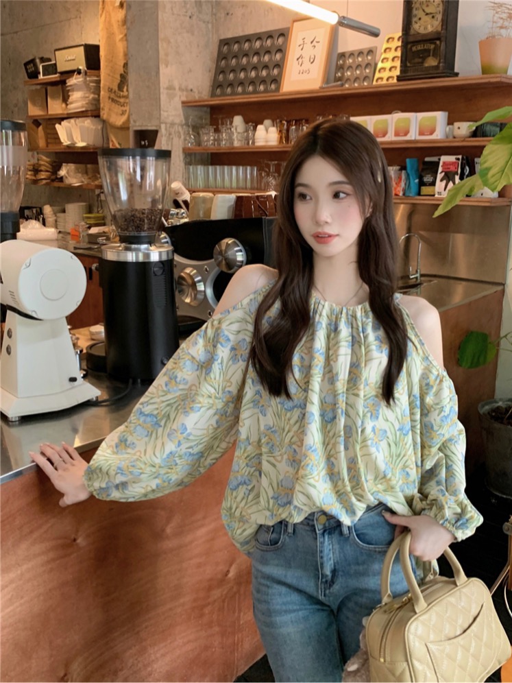 Shot! Retro Design Hollow Shoulder Long Sleeve Floral chiffon top for women Korean style neckless shirt